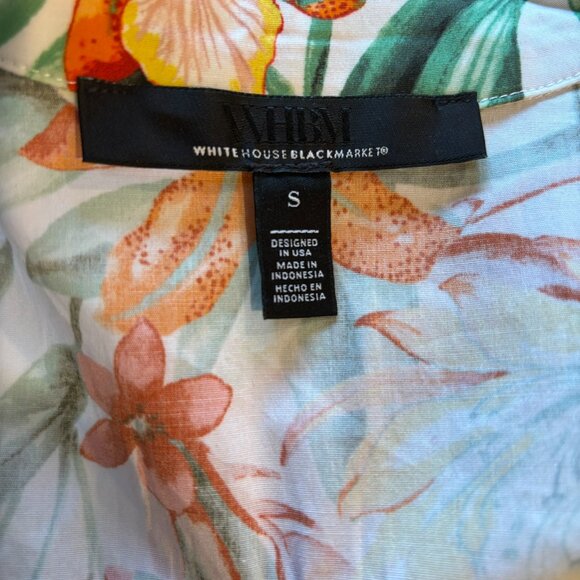 White House Black Market Short Sleeved Tie Waist Blouse S White Tiger Lily - Picture 11 of 12